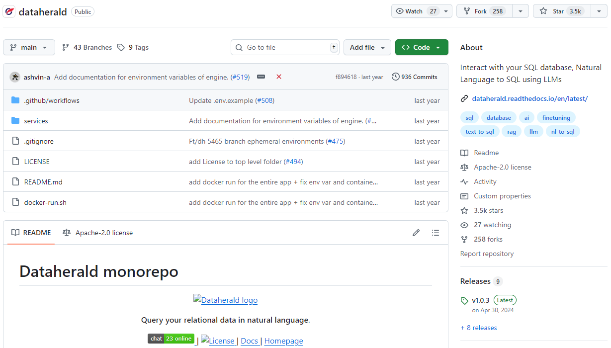 Dataherald 是一个企业级的自然语言转 SQL 引擎，让你可以通过 API 直接对结构化数据进行“问答”，免去传统统计分析的繁琐流程。