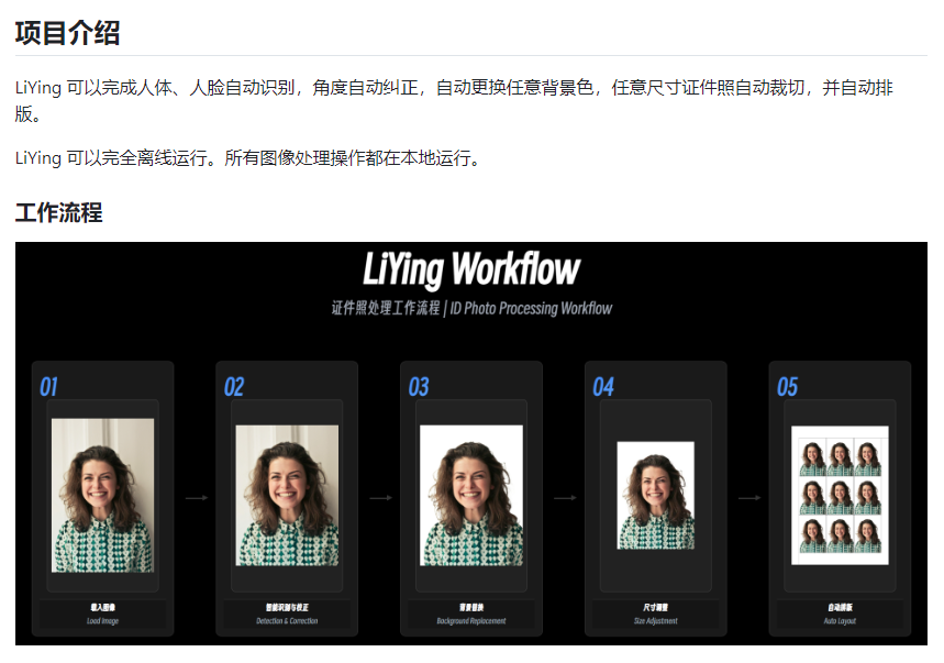 LiYing 是一套适用于自动化 完成一般照相馆后期证件照处理流程的照片自动处理的程序。